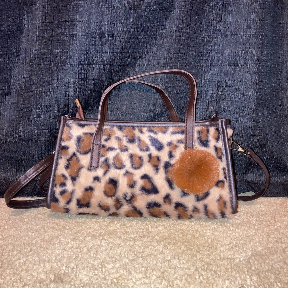 SHEIN Leopard Faux Fur Shoulder Satchel with Brown Trim and Pom